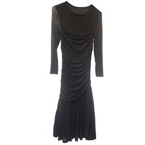 SHEIN Black Ruched Mesh Long Sleeve Drop Waist Maxi Dress Womens L 8/10 NWOT